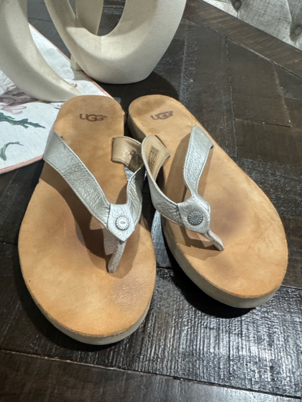 UGG Metallic Silver Leather Thong Sandals